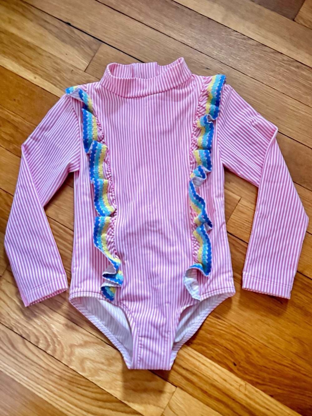 Mini Boden Girls’ 4-5Y Pink/White Stripe Long Sleeve Frill Rashguard Swimsuit